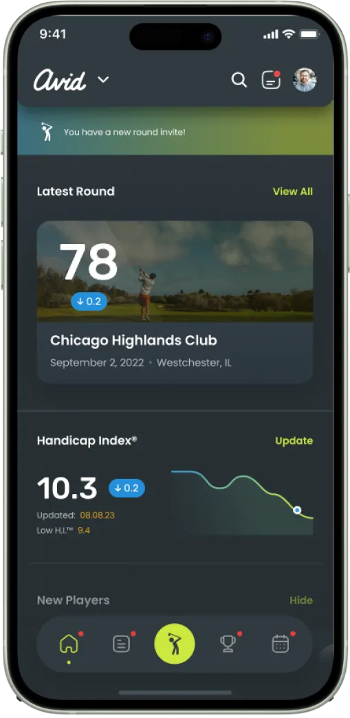 Avid Golf app home dashboard on iPhone